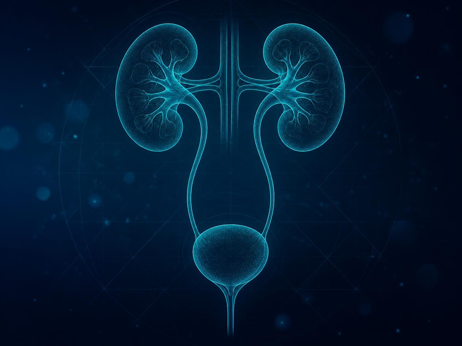 Illustration of the kidneys, ureters and bladder drawn in fine teal lines on a deep navy background