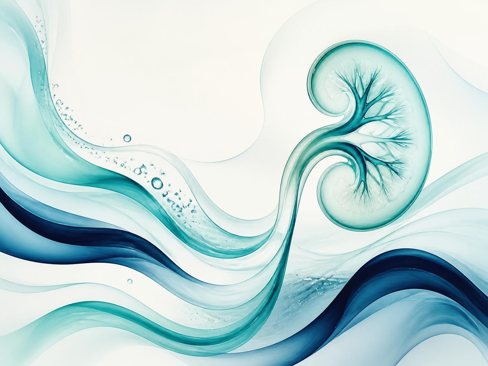 Abstract teal water flow forming a kidney shape, representing renal filtration and hydration
